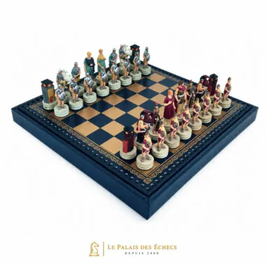 Jeu d'échecs Romains contre Grecs en résine sur échiquier doré et bleu