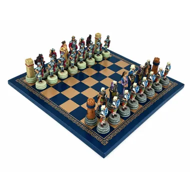 Jeu d'échecs Guerres Arabo Byzantine complet sur échiquier similicuir doré et bleu