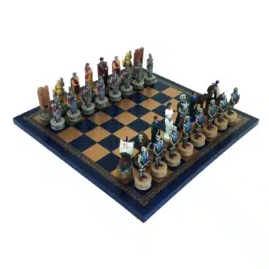 Jeu d'Echecs en Résine Mythologie Grecque : La Bataille de Troie et Échiquier en Similicuir Doré et Bleu