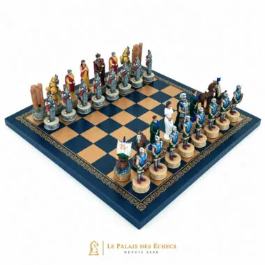 Jeu d'échecs complet sur la Bataille de Troie, échiquier bleu et doré