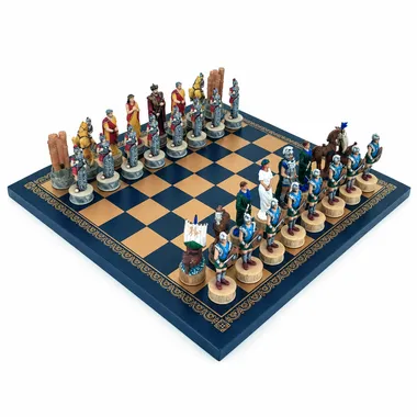 Jeu d'échecs complet sur la Bataille de Troie, échiquier bleu et doré