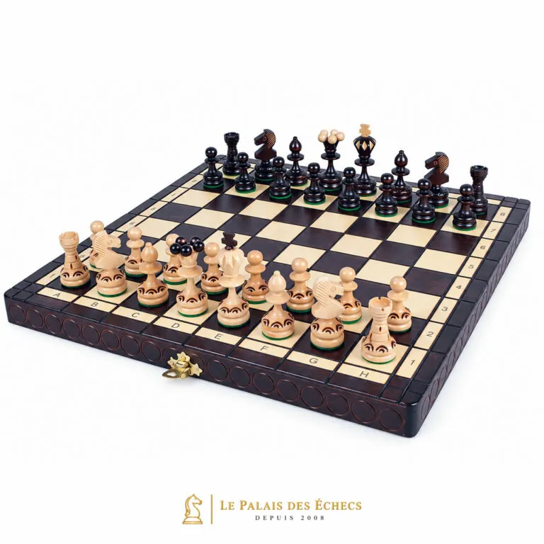 Jeu d'échecs pliable en bois Pearl, échiquier ouvert avec pièces en place