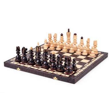Grand jeu d'échecs pliable en bois, pièces claires et foncées alignées