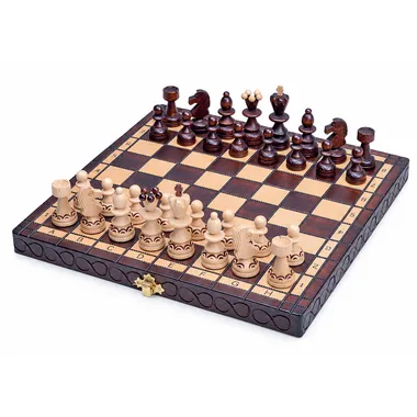 Jeu d'échecs pliable en bois, échiquier ouvert avec toutes les pièces placées