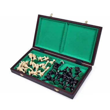 Coffret ouvert en bois avec compartiments en feutrine verte et pièces rangées