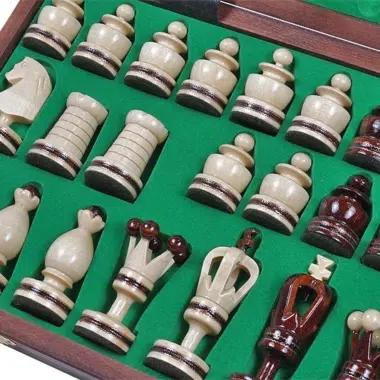 Toutes les pièces d'échecs rangées dans leur compartiment en feutrine verte