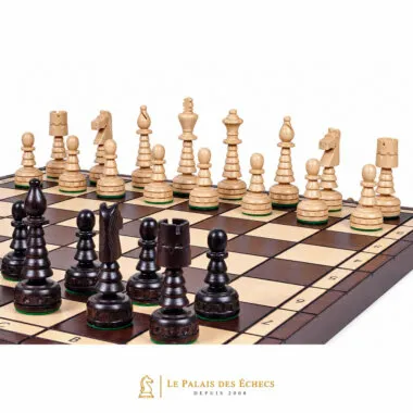 Pièces d'échecs claires et foncées face à face sur l'échiquier, vue en diagonale