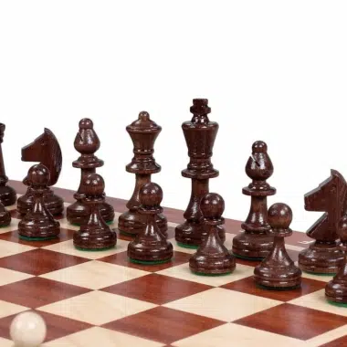 Pièces d'échecs foncées en bois alignées sur l'échiquier en gros plan