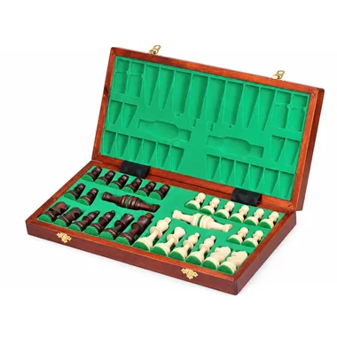 Coffret ouvert montrant le rangement en feutrine verte et les pièces d'échecs