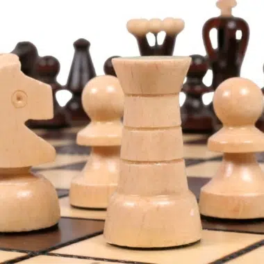 Pièces d'échecs en bois clair et foncé, gros plan sur la dame et les pions