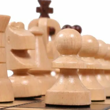 Pièces d'échecs en bois, détail du cavalier et des pions alignés sur l'échiquier