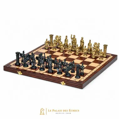 Échiquier pliable en bois avec pièces à thème spartiate dorées et noires