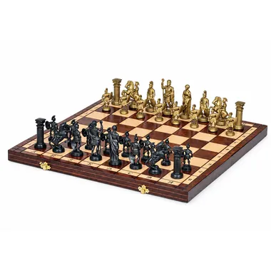 Échiquier pliable en bois avec pièces à thème spartiate dorées et noires