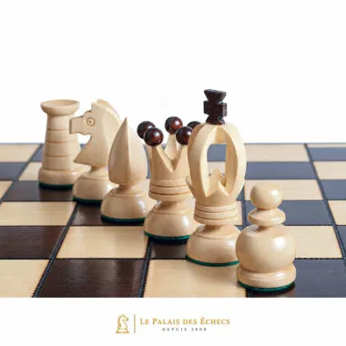 Pièces d'échecs en bois clair et foncé alignées sur l'échiquier