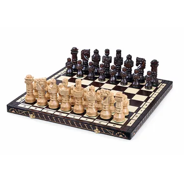 Jeu d'échecs Gladiateur complet, pièces sculptées sur échiquier pliant en bois