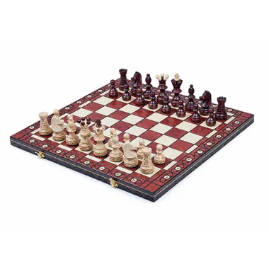 Jeu d'échecs complet en bois avec échiquier pliant marqueté rouge et blanc