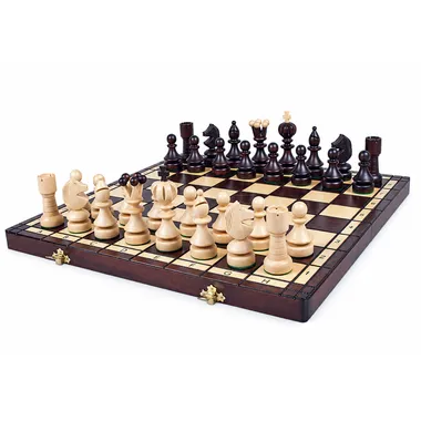 Jeu d'échecs en bois complet sur échiquier pliant avec rangement intégré