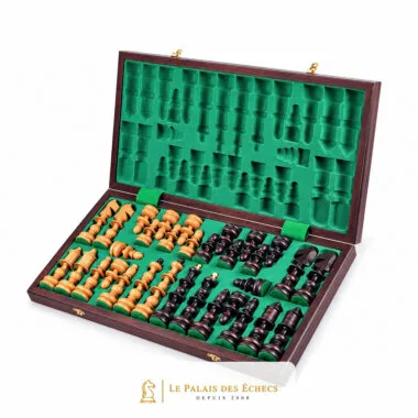 Coffret pliant ouvert montrant toutes les pièces rangées dans la mousse verte