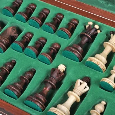 Pièces d'échecs en bois rangées dans les compartiments en feutrine verte du coffret