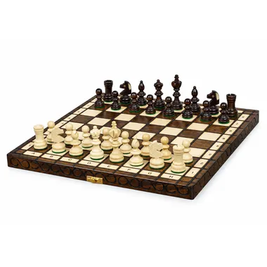 Jeu d'échecs en bois pliant avec rangement, pièces noires et blanches en position de jeu