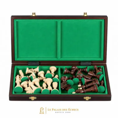 Échiquier pliable ouvert montrant le rangement intérieur en feutrine verte des pièces