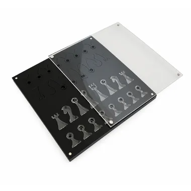 Coffret de rangement en plexiglas ouvert montrant les emplacements des pièces