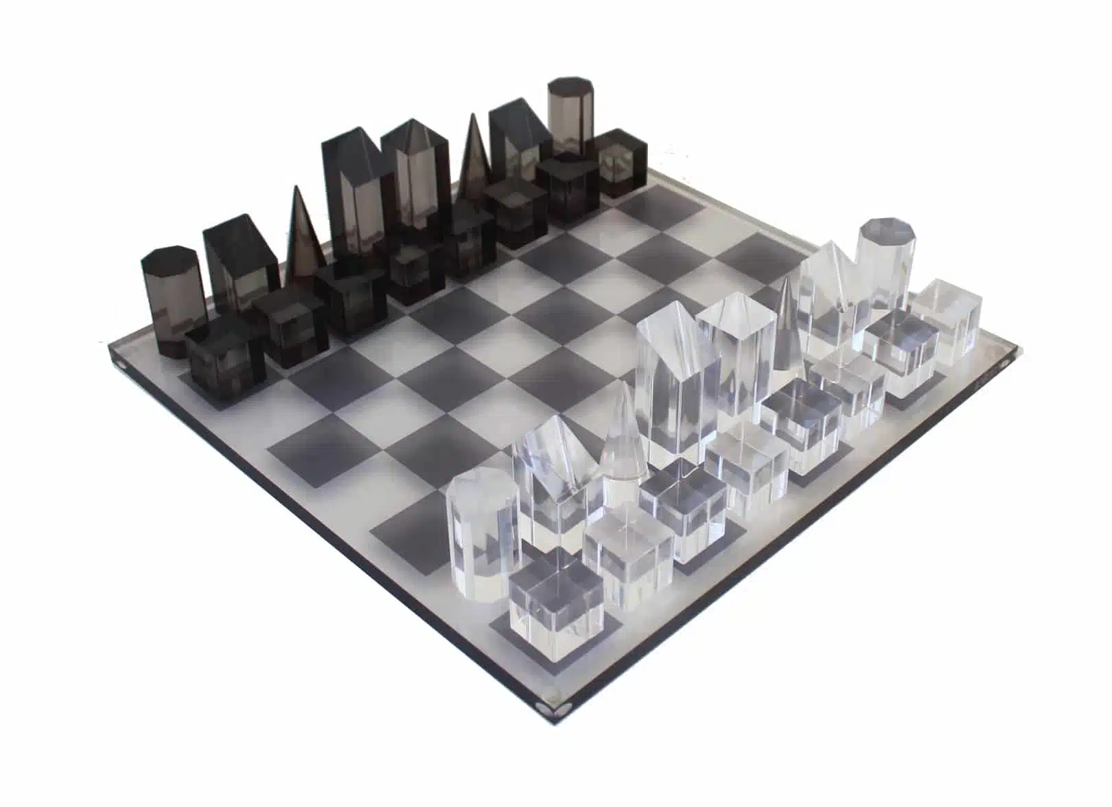 Jeu Echecs Cube Design Gris et Translucide Brillant en Plexiglas avec Coffret de Rangement