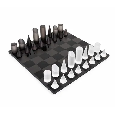 Jeu d'échecs conique moderne gris et blanc, vue d'ensemble sur échiquier