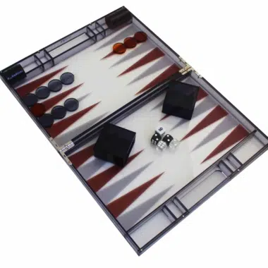Backgammon Moderne en Plexiglas Gris avec Jetons de Dames, Gobelet à dés et Set de Dés
