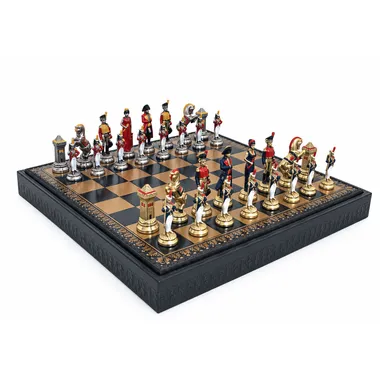 Jeu d'échecs Napoléon complet sur échiquier en similicuir avec coffret de rangement