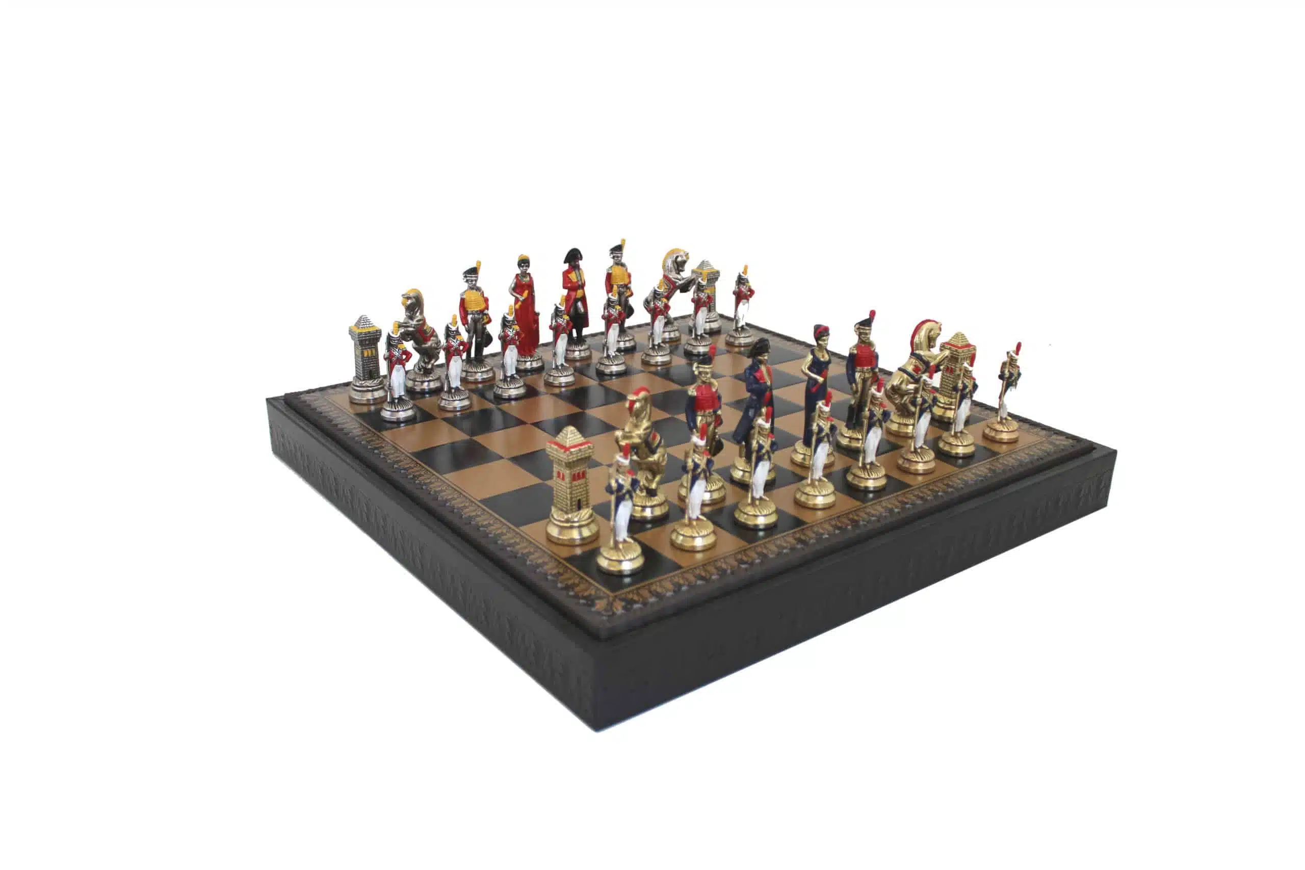 Jeu d'Échecs Napoléon Peint à la Main et Échiquier en Similicuir avec Rangement