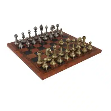 Jeu d'Echecs Staunton en Métal &  Échiquier en Similicuir Brun