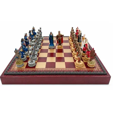 Jeu d'échecs Roi Arthur complet sur échiquier en similicuir avec coffret de rangement