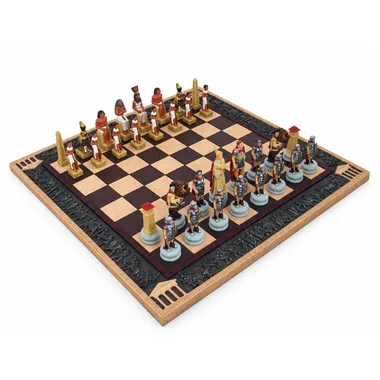 Jeu d'échecs en résine Romain vs Égyptien sur échiquier orné