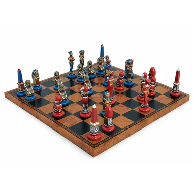 Jeu d'échecs Égypte Ancienne sur échiquier en similicuir, vue d'angle opposé