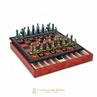 Jeu d'échecs médiéval complet avec échiquier en similicuir et coffret de rangement