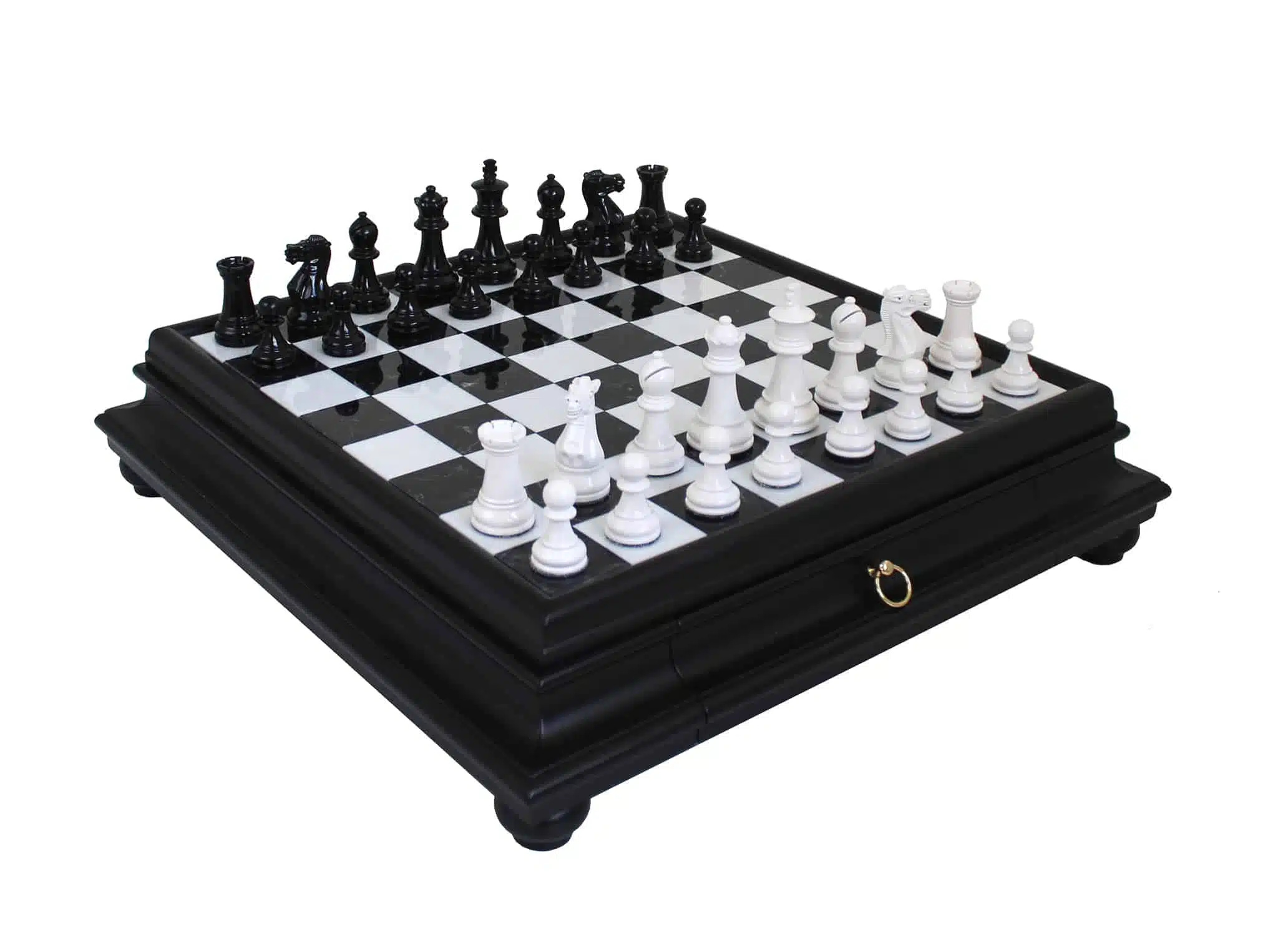 Jeu d'Echec Noir et Blanc en Bois et Echiquier Noir sur Pied avec Tiroir