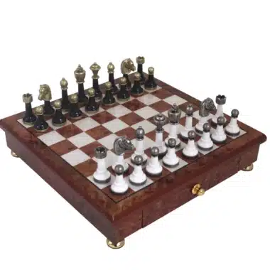 Pieces Echecs Staunton Noir et Blanc et Echiquier sur Pied avec Tiroir de Rangement en Bois