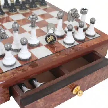 Alternative view of Pieces Echecs Staunton Noir et Blanc et Echiquier sur Pied avec Tiroir de Rangement en Bois