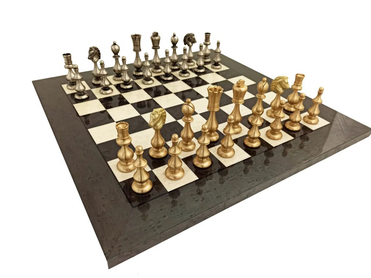Grand Jeu d'Echec Design - Pieces Echecs en laiton et Echiquier en Bois de Bruyere et d'Erable Gris Laqué