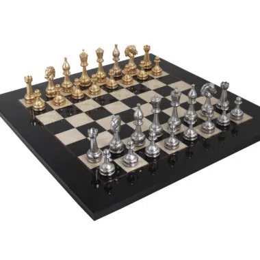 Pieces Echecs Staunton en Metal Plaqué Or et Argent & Echiquier en Bois d'Erable Noir Laqué