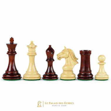 Pièces d'échecs en buis et padouk, dame, fou, cavalier et tour bicolores