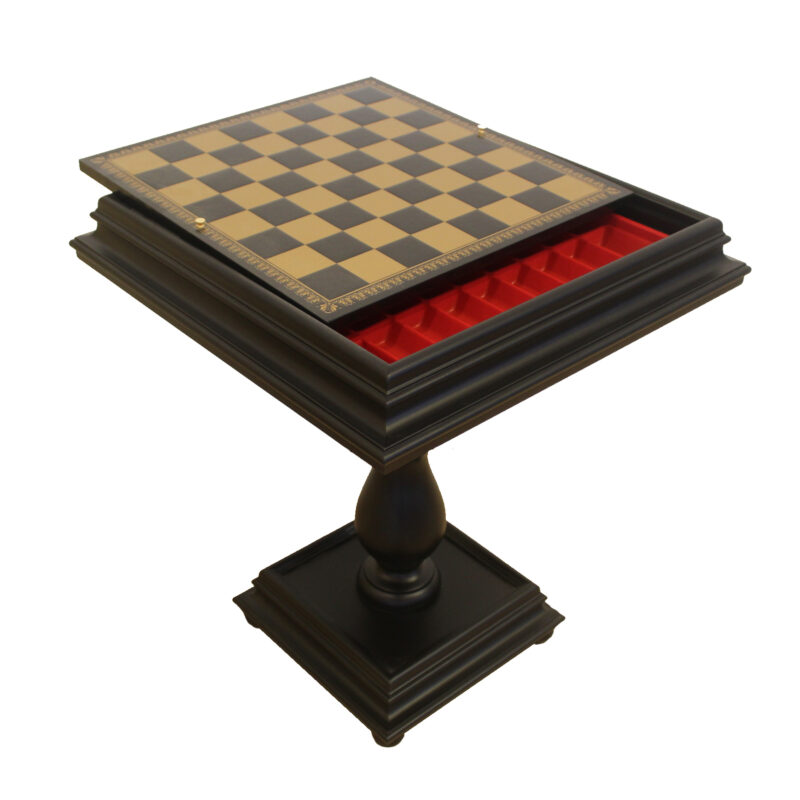 Table D'échecs Ancienne – Bois Massif – 70x70 Cm – Poignées Laiton – Intérieur