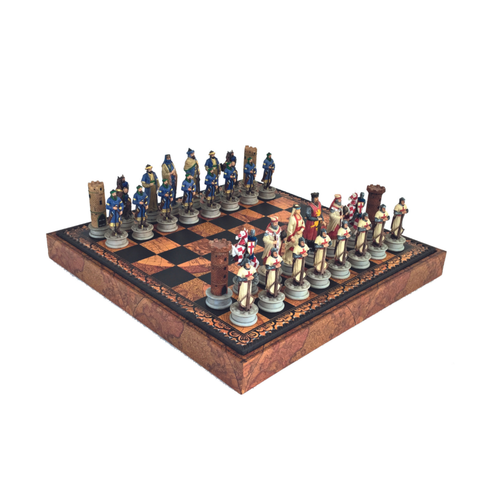 Ensemble Jeu d'Échecs en Résine Peint à la Main et Échiquier en Similicuir et Backgammon