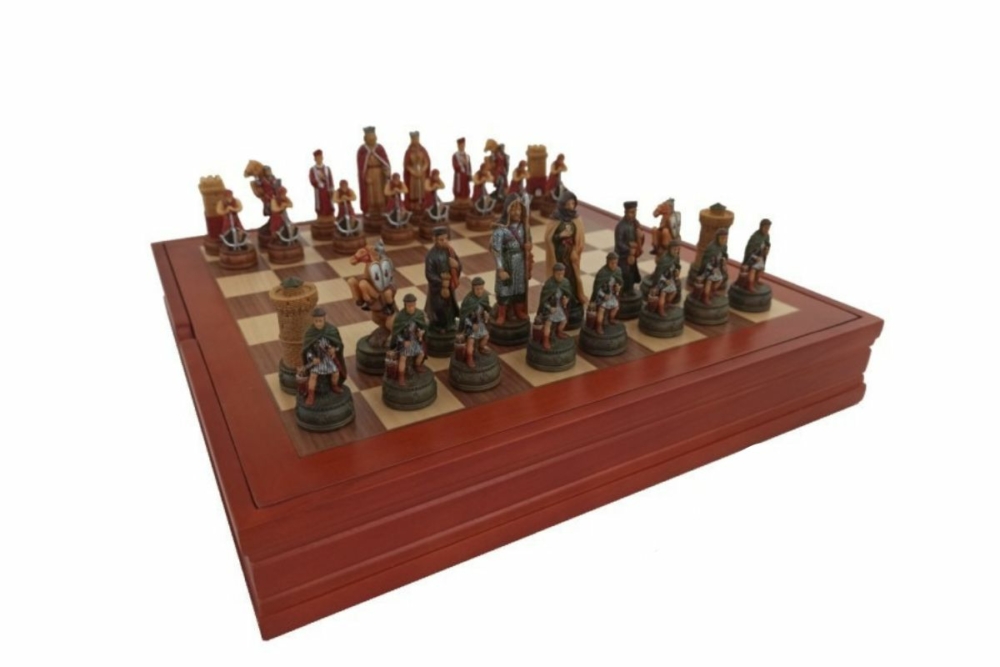 Ensemble Jeu d'Échecs Camelot en Résine et Échiquier en Bois avec Compartiments