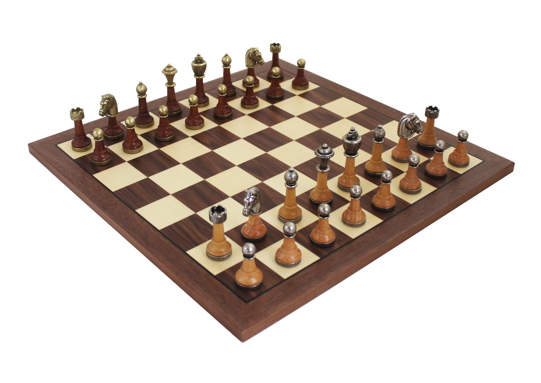 Ensemble Jeu d'Échecs en Métal et Bois Massif et Échiquier en Noyer et Érable