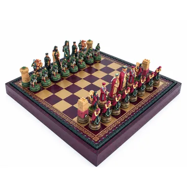 Ensemble Camelot : échiquier similicuir rouge et doré avec pièces peintes à la main