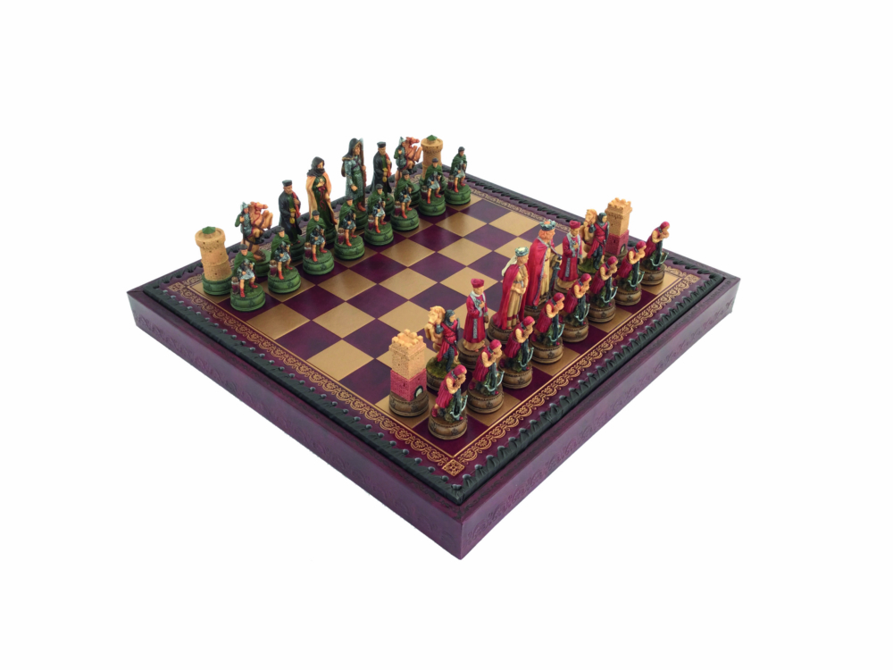 Ensemble Jeu d'Échecs en Résine Peintes à la Main et Échiquier en Similicuir avec Compartiments