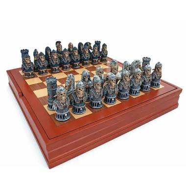 Ensemble Jeu d'Echecs Buste Squelette en Résine et Echiquier à Compartiments