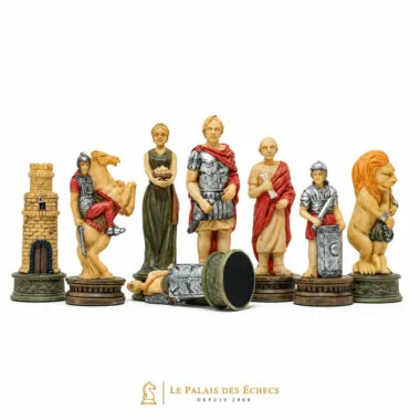 Pièces d'échecs romaines détaillées : tour, cavalier, reine, roi et lion